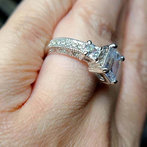 WGP Emerald Cut 3 Stone AAA CZ Engagement Ring - Picture 6 of 7